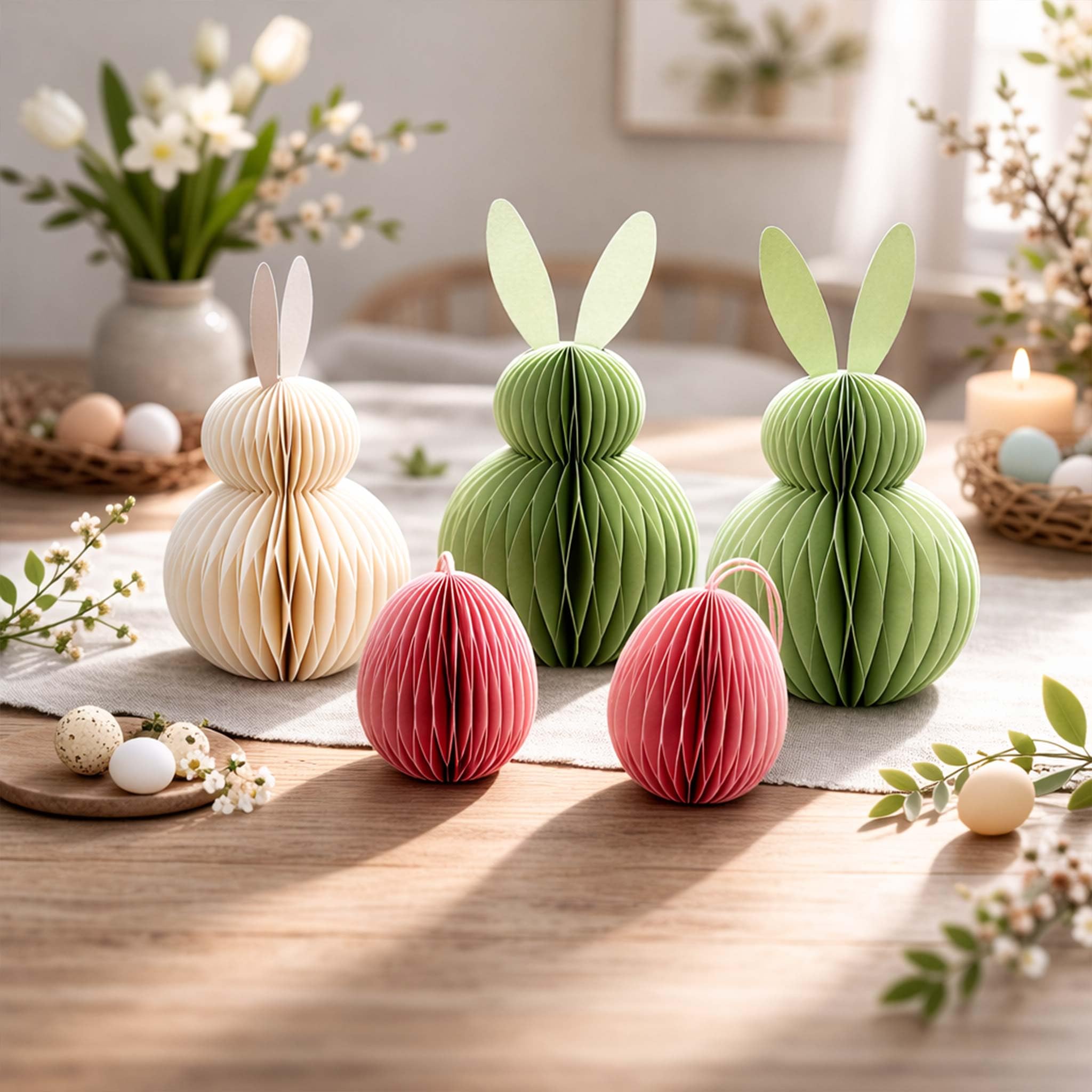 Honeycomb Easter Bunny Decorations Set – 3D Paper Bunny Centrepieces with Hanging Egg Ornaments, Magnetic Foldable Easter Table Décor, Reusable Spring Home Decorations for Easter Party.