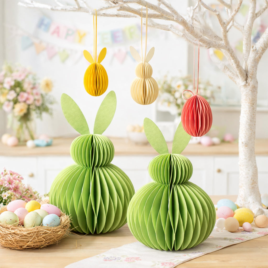 Easter Honeycomb Bunny Decorations Set – Colourful Paper Bunny & Egg Ornaments with Magnetic Closure, Reusable Spring Table & Hanging Easter Tree Decor