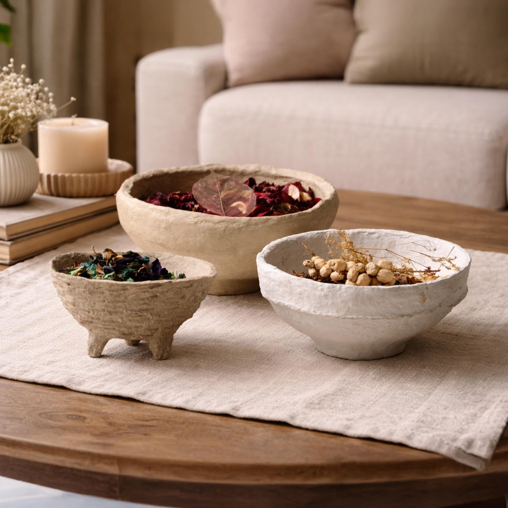 Aala Set of 3 Handmade Paper Mache Decorative Bowls – Rustic Neutral Potpourri Bowls for Coffee Table, Boho Home Decor Display Bowls Set, Natural Textured Tabletop Centrepiece