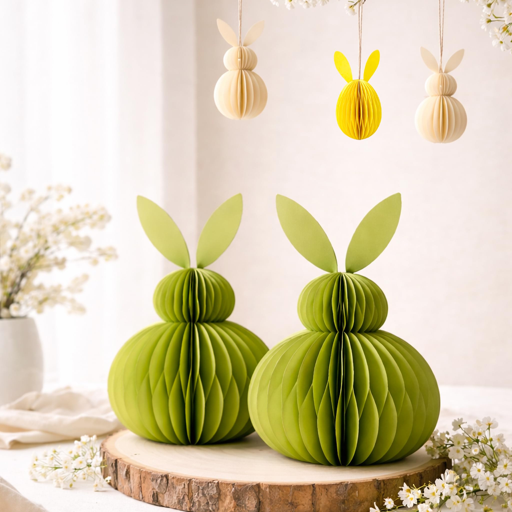 Honeycomb Easter Bunny Decorations Set – 3D Paper Rabbit Table & Hanging Ornaments with Magnetic Closure, Reusable Spring Easter Party & Home Décor (Pastel Bunny Set)