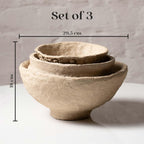 Set of 3 Handmade Paper Mache Decorative Bowls – Rustic Natural Textured Bowl Set for Home Décor, Coffee Table Centrepiece, Potpourri & Fruit Bowl, Boho Scandinavian Style Decorative Bowl Set