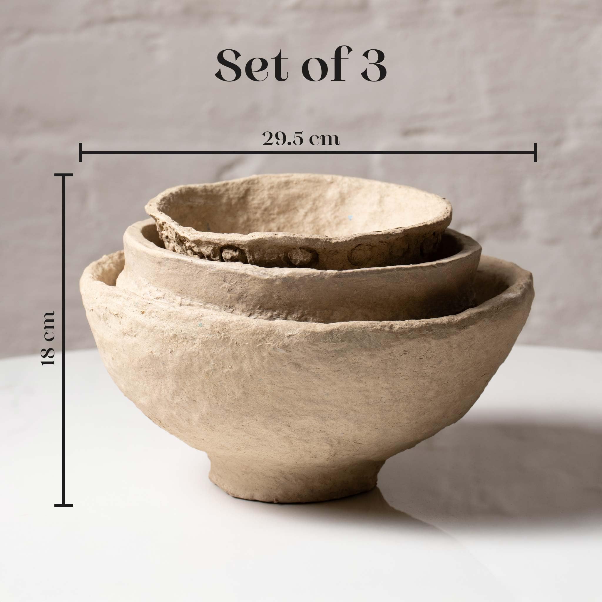 Set of 3 Handmade Paper Mache Decorative Bowls – Rustic Natural Textured Bowl Set for Home Décor, Coffee Table Centrepiece, Potpourri & Fruit Bowl, Boho Scandinavian Style Decorative Bowl Set