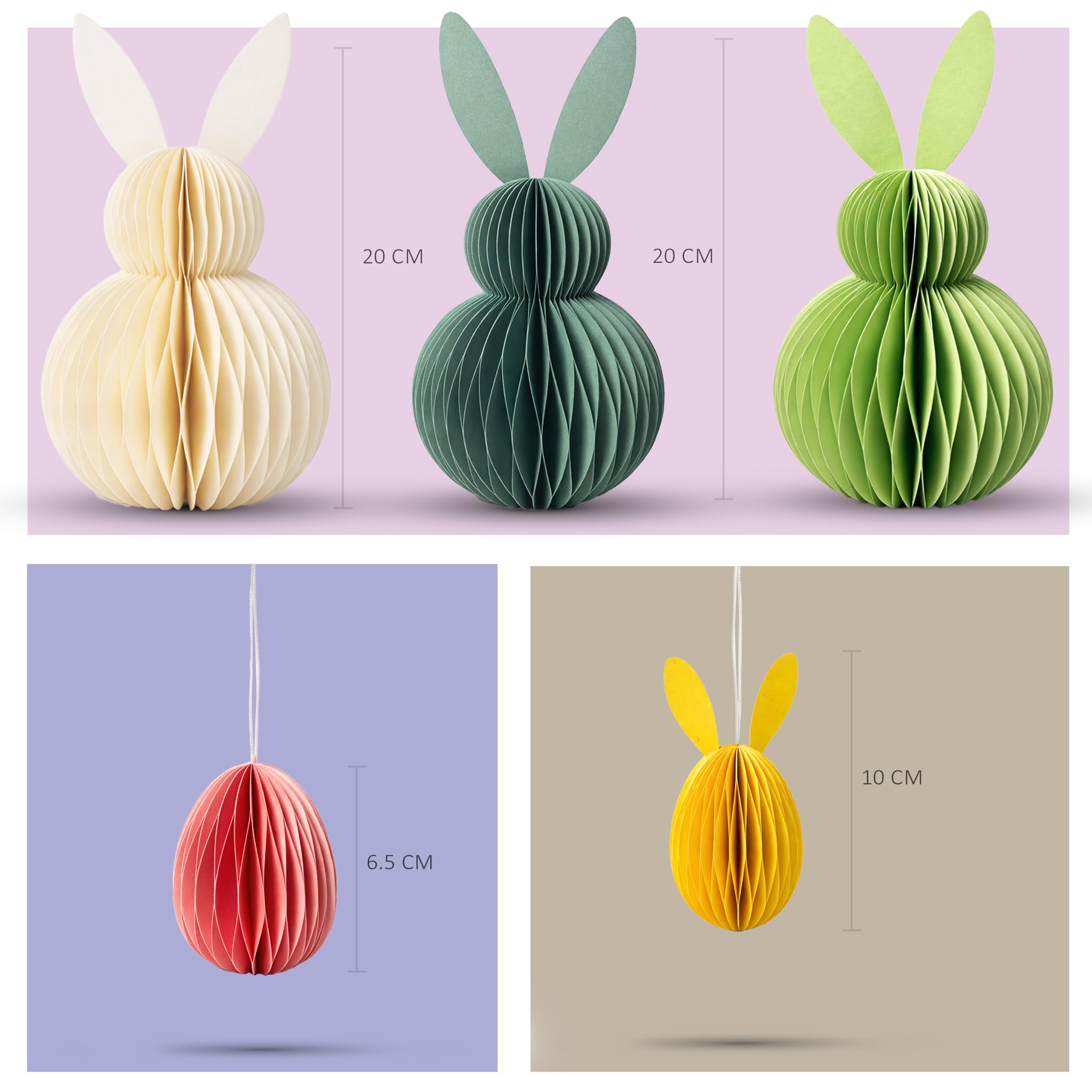 Honeycomb Easter Bunny Decorations Set – Foldable Paper Bunny Ornaments with Magnetic Closure, Reusable Spring Table Centrepiece, Hanging Easter Tree Decorations for Home, Party & Table Decor
