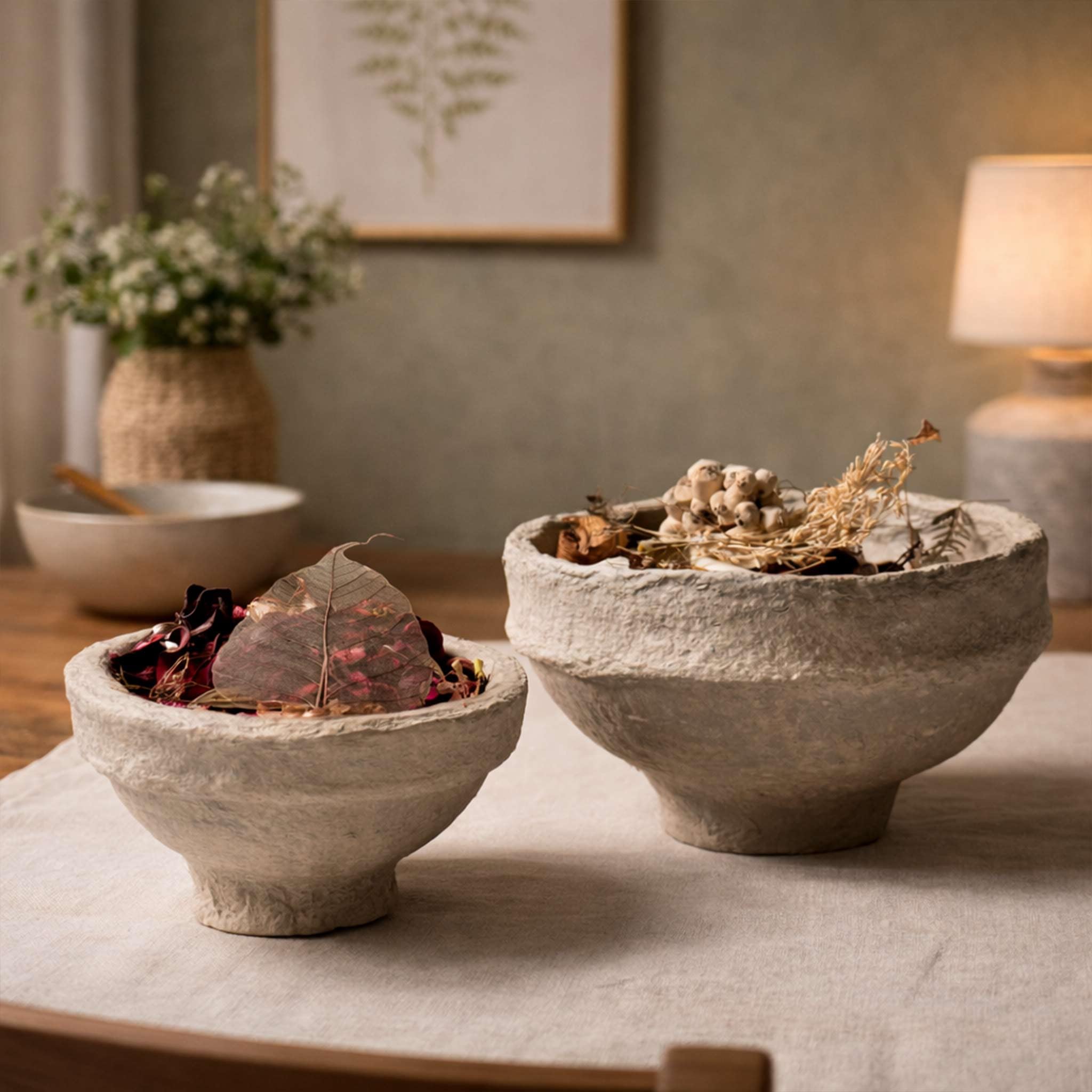 Set of 2 Handcrafted Paper Mache Decorative Bowls – Rustic Textured Potpourri Holders, Eco-Friendly Centrepiece Table Décor for UK & European Homes