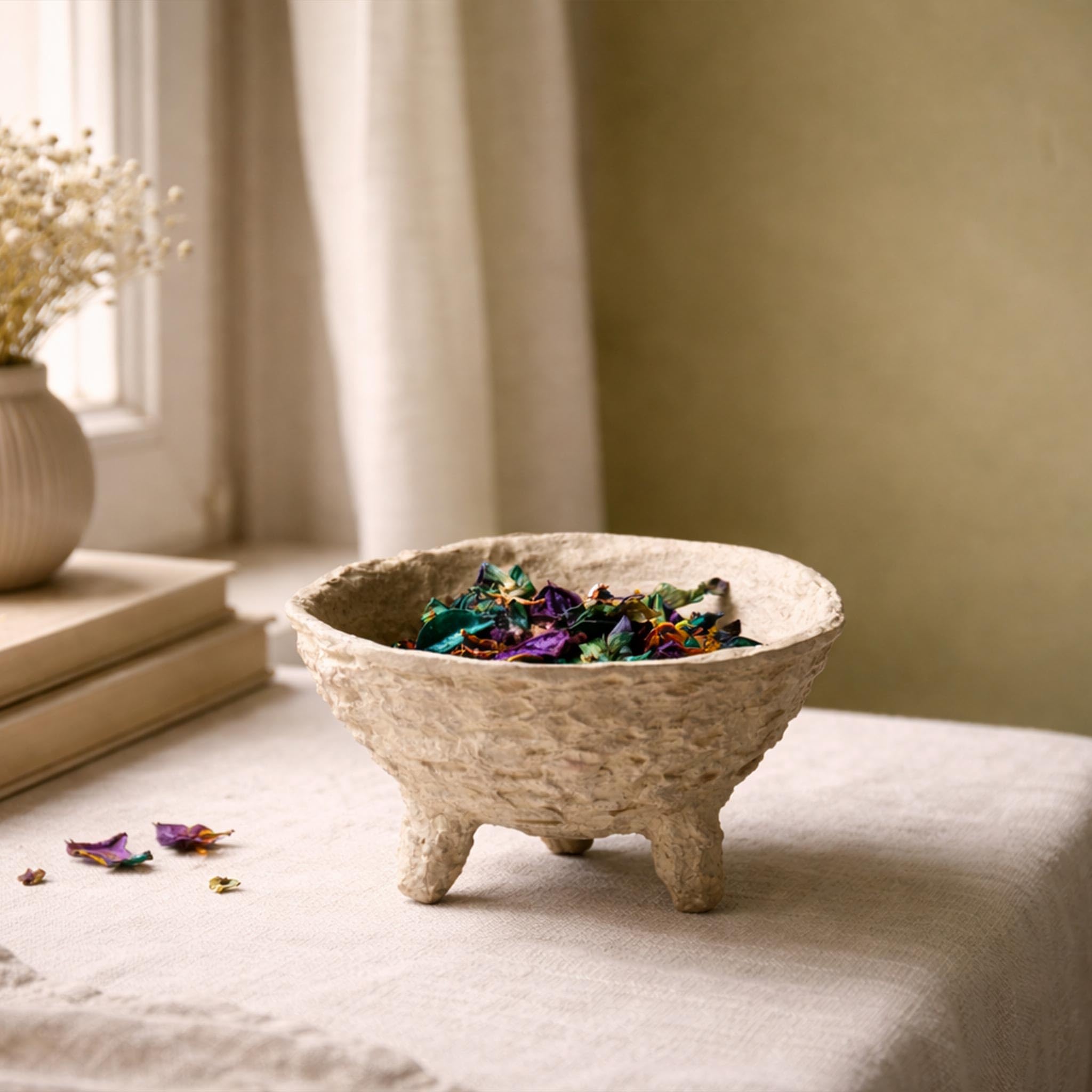 Set of 3 Handmade Paper Mache Decorative Bowls – Rustic Natural Textured Bowl Set for Home Décor, Coffee Table Centrepiece, Potpourri & Fruit Bowl, Boho Scandinavian Style Decorative Bowl Set