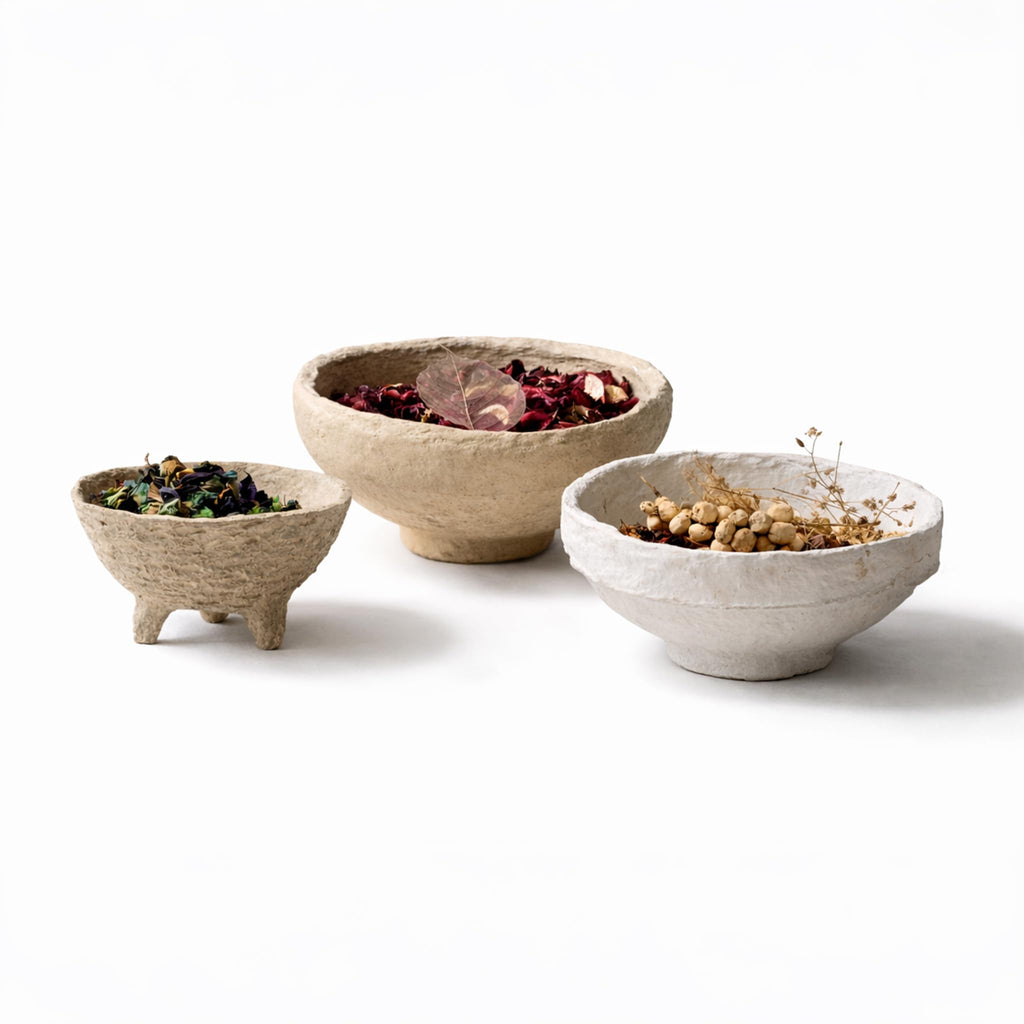 Aala Set of 3 Handmade Paper Mache Decorative Bowls – Rustic Neutral Potpourri Bowls for Coffee Table, Boho Home Decor Display Bowls Set, Natural Textured Tabletop Centrepiece