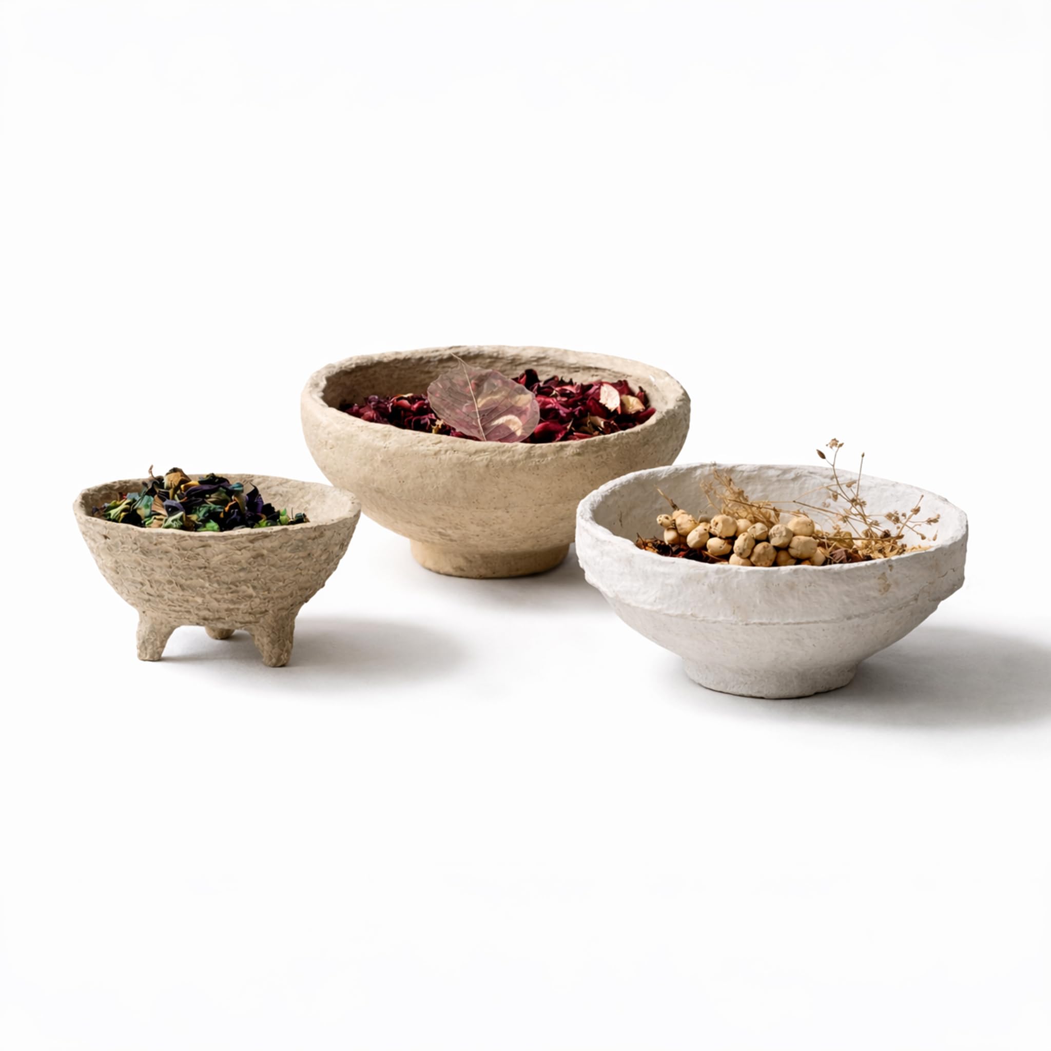 Aala Set of 3 Handmade Paper Mache Decorative Bowls – Rustic Neutral Potpourri Bowls for Coffee Table, Boho Home Decor Display Bowls Set, Natural Textured Tabletop Centrepiece