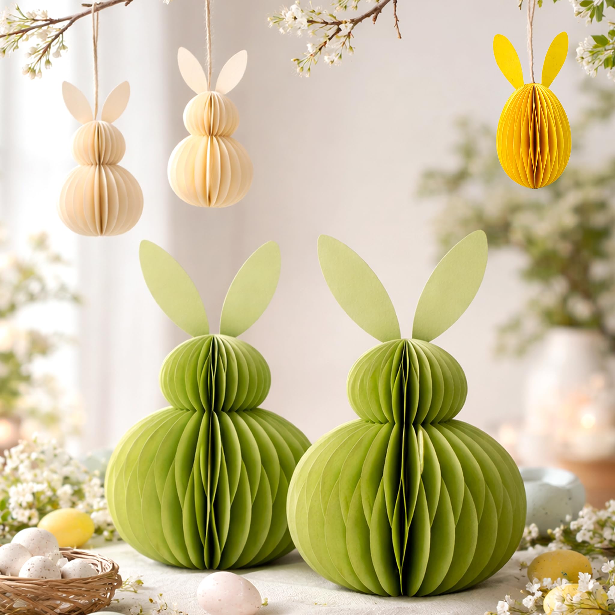 Honeycomb Easter Bunny Decorations Set – 3D Paper Rabbit Table & Hanging Ornaments with Magnetic Closure, Reusable Spring Easter Party & Home Décor (Pastel Bunny Set)