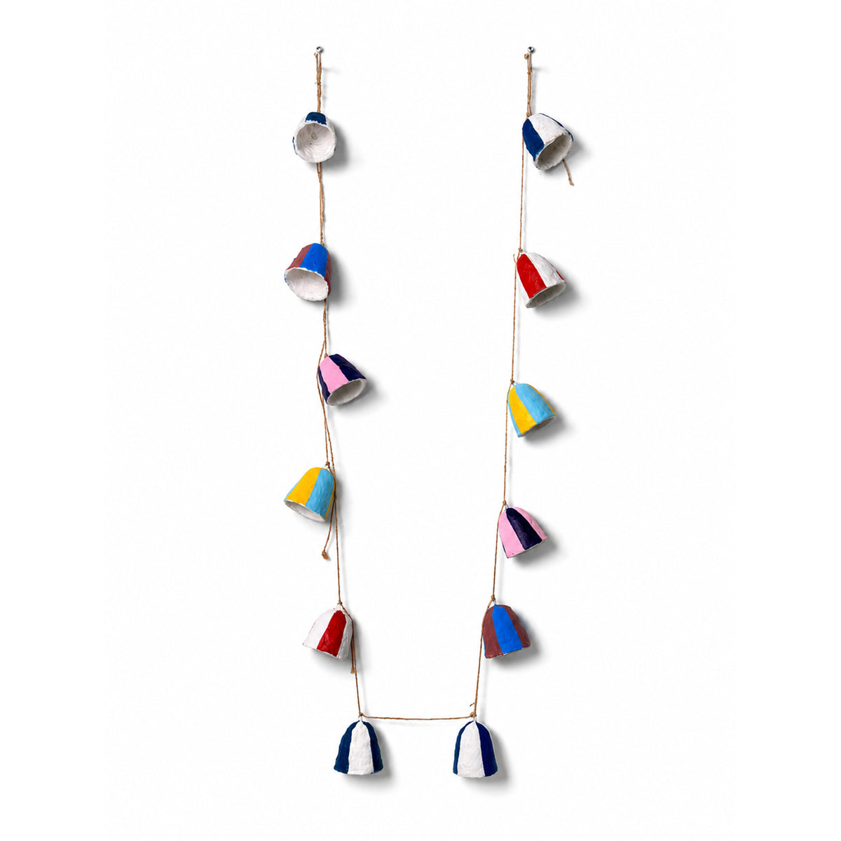 Handmade paper mache colour block bell garland 12 bells jute twine multicolour white background
