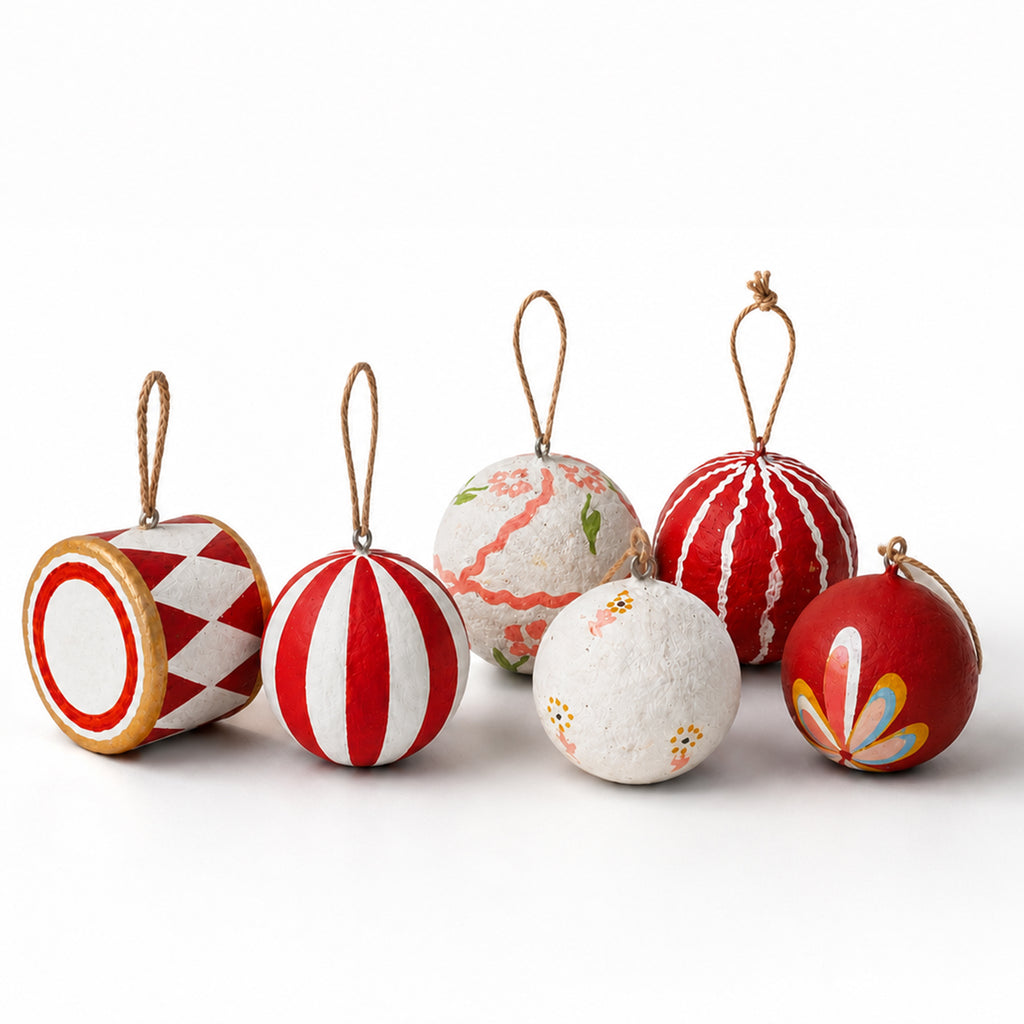  Handmade papier mâché Christmas ornaments set of 6 – red and white folk art baubles with jute hangers