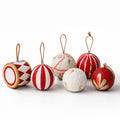  Handmade papier mâché Christmas ornaments set of 6 – red and white folk art baubles with jute hangers