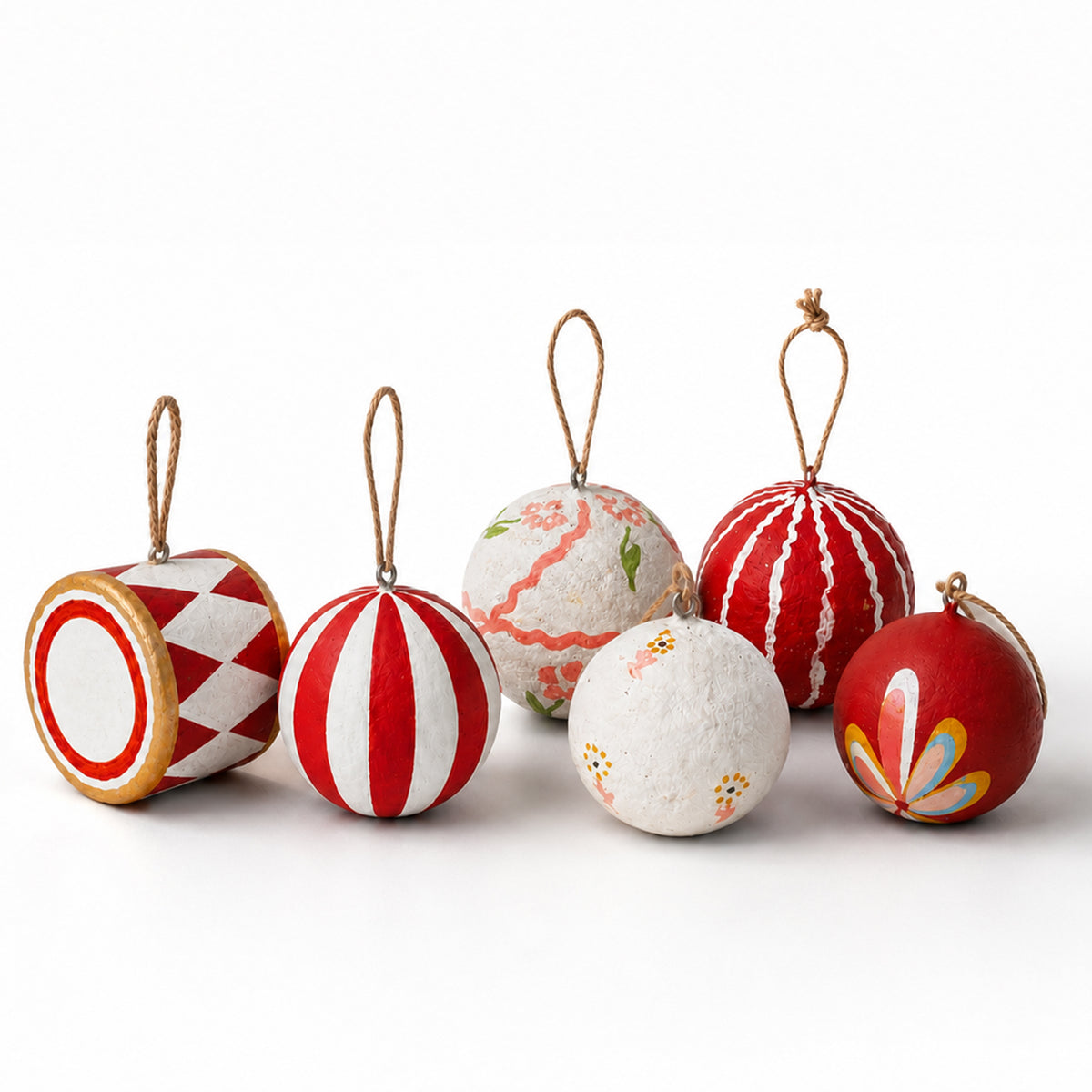  Handmade papier mâché Christmas ornaments set of 6 – red and white folk art baubles with jute hangers