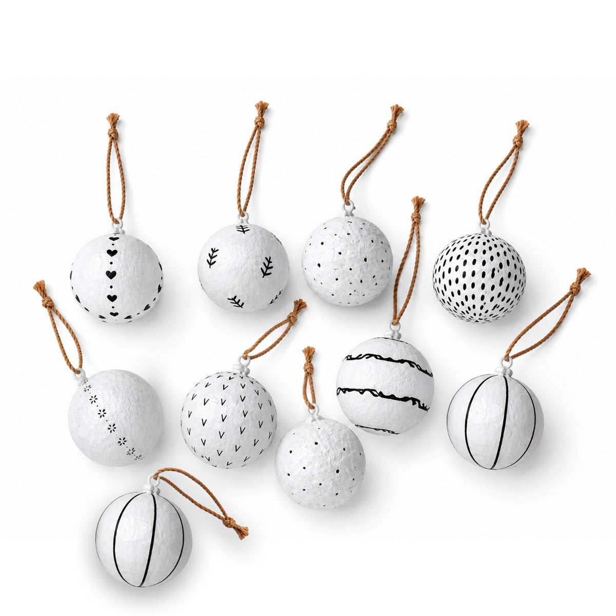 Set of handmade Scandinavian paper mache Christmas baubles with black and white patterns