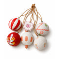 Hand-painted red and white paper mache Christmas baubles set of 6 with folk art floral and stripe designs — jute twine