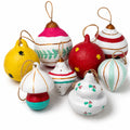 Set of hand-painted paper mache Christmas ornaments in mixed festive shapes and bright colours