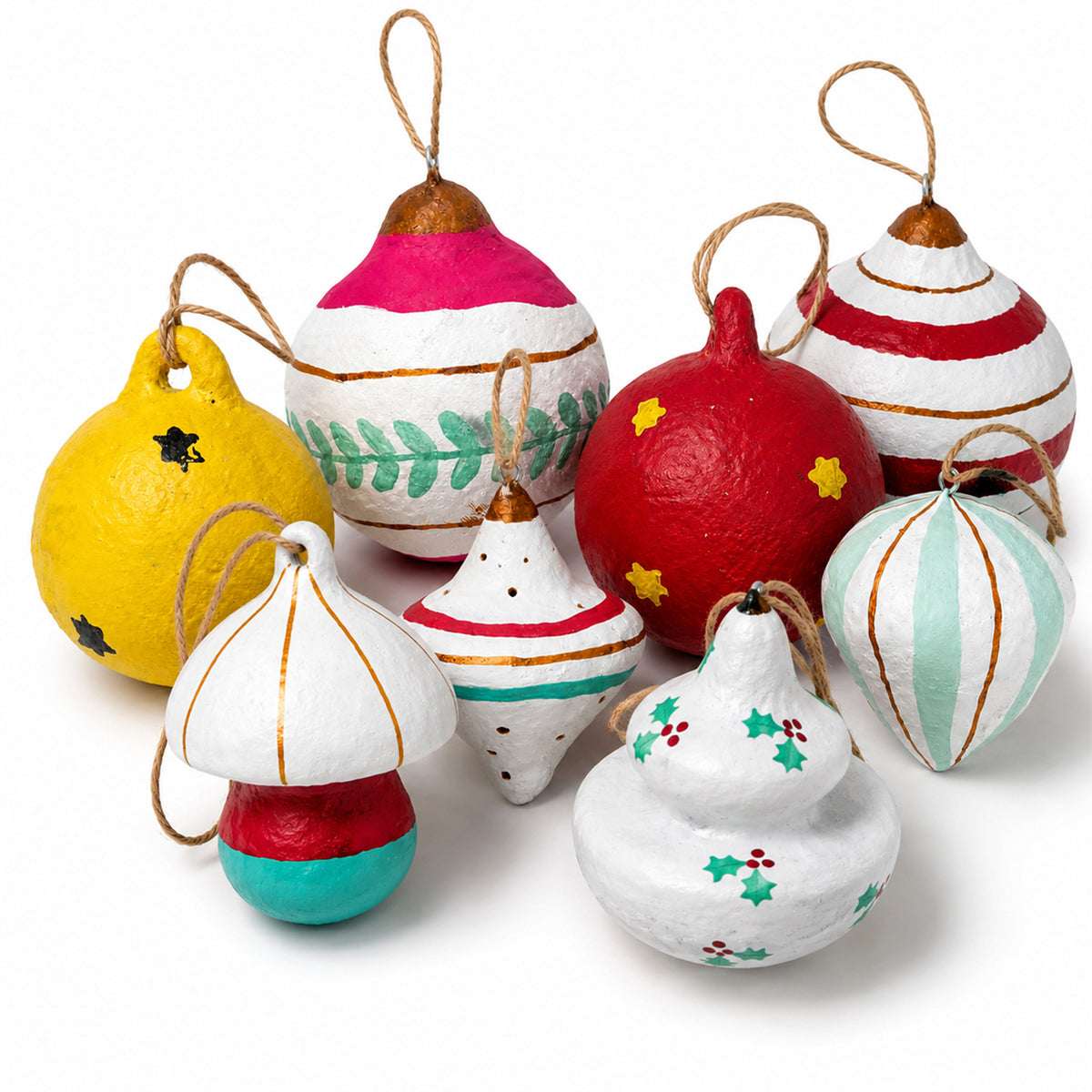 Set of hand-painted paper mache Christmas ornaments in mixed festive shapes and bright colours