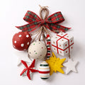 Handmade paper mache Christmas ornament set of 9 red green gold white all 9 shapes on white background