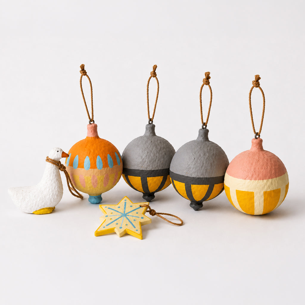 Handmade Scandi Christmas ornament set of 6 – papier mâché goose figurine, star charm and baubles in orange grey mustard, jute hangers