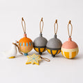 Handmade Scandi Christmas ornament set of 6 – papier mâché goose figurine, star charm and baubles in orange grey mustard, jute hangers