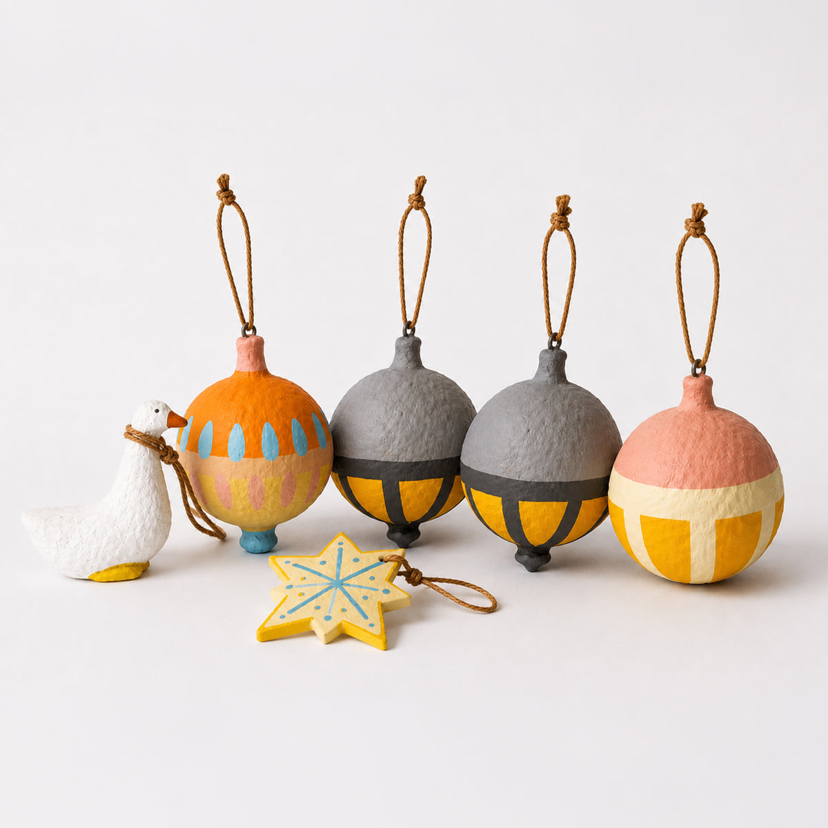 Handmade Scandi Christmas ornament set of 6 – papier mâché goose figurine, star charm and baubles in orange grey mustard, jute hangers
