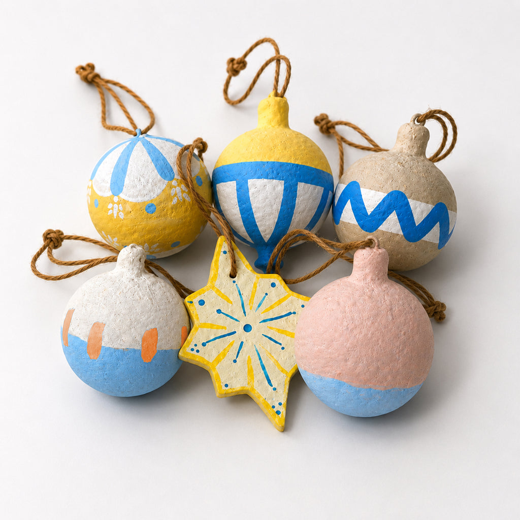 Hand-painted paper mache Christmas baubles set of 6 in blue, yellow, pink and cream with jute twine