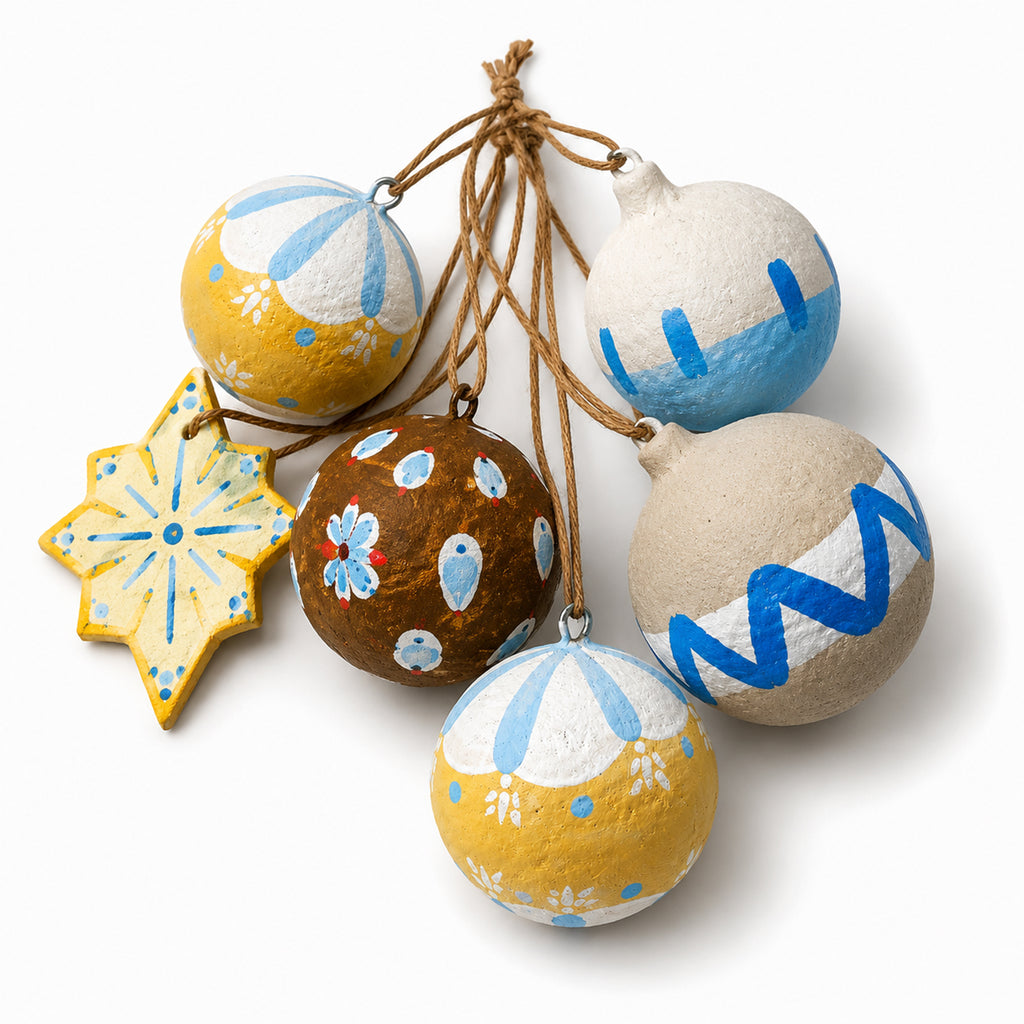Hand-painted paper mache Christmas baubles set of 6 in mustard yellow, brown, cream and blue with jute twine