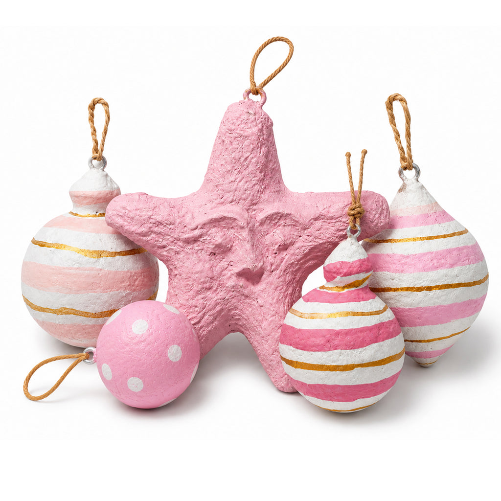 Handmade pink Christmas ornament set with face-star and striped baubles