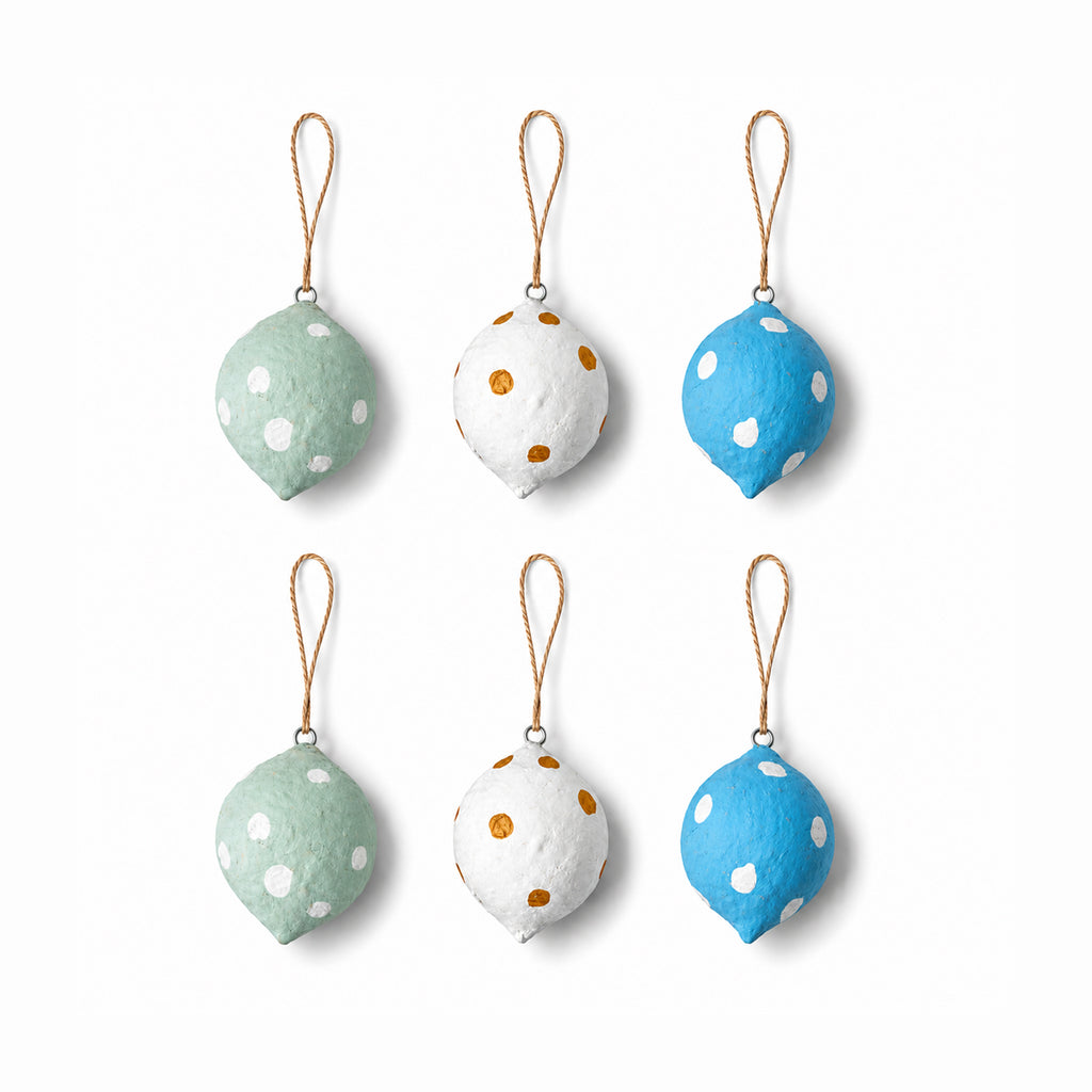 Handmade papier mache polka dot hanging baubles set of 6 on white background