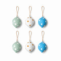 Handmade papier mache polka dot hanging baubles set of 6 on white background