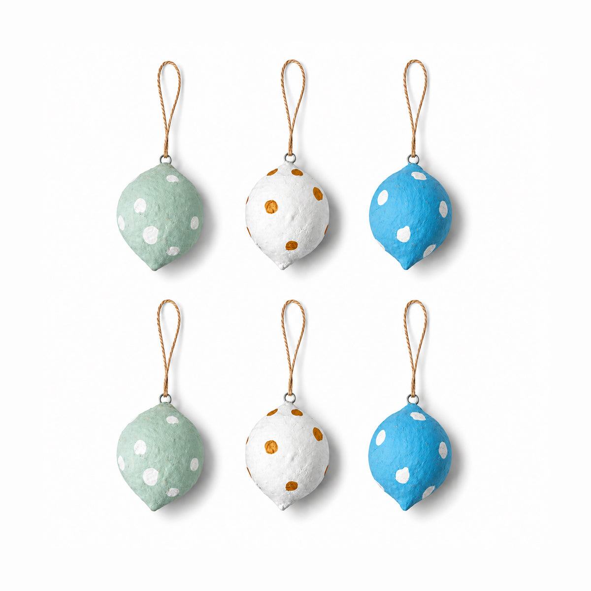 Handmade papier mache polka dot hanging baubles set of 6 on white background