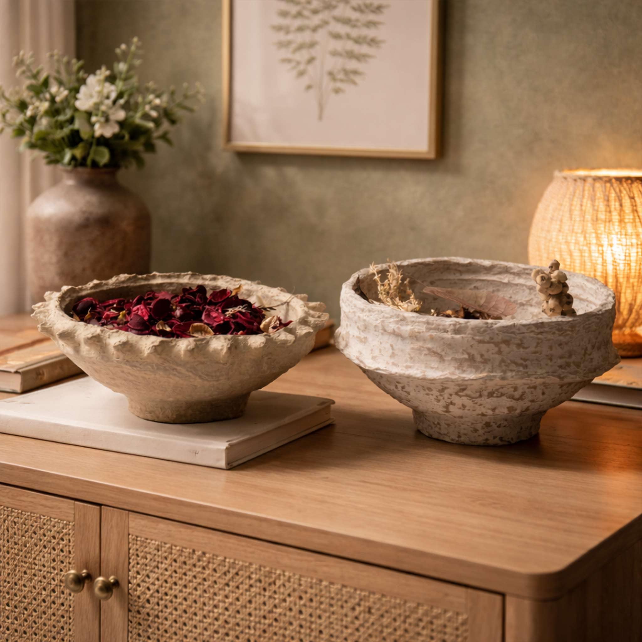 Set of 2 Rustic Decorative Bowls – Textured Stone Effect Centrepiece Bowls for Coffee Table, Potpourri & Dried Flower Display – Farmhouse Home Décor for UK & European Homes