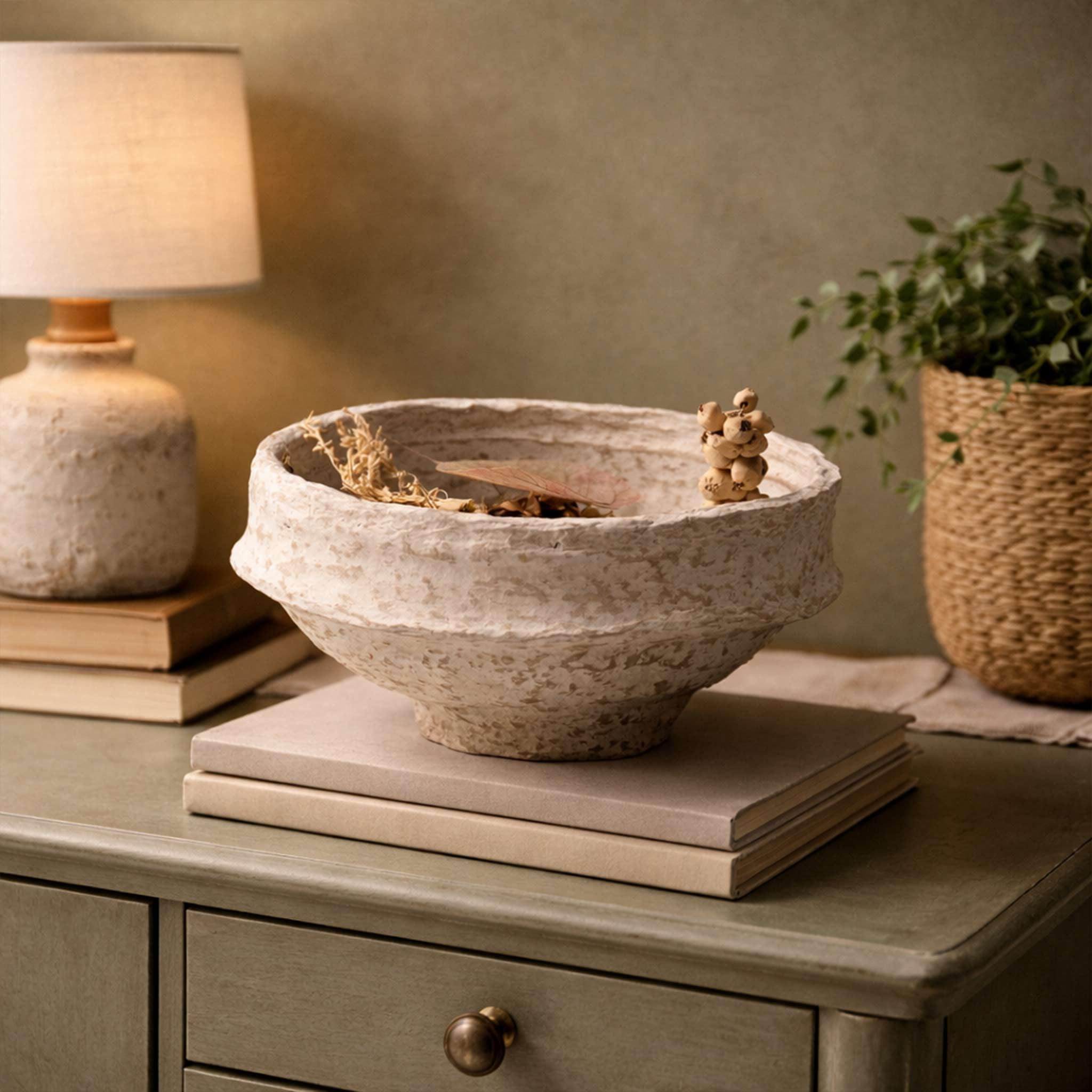 Set of 2 Rustic Decorative Bowls – Textured Stone Effect Centrepiece Bowls for Coffee Table, Potpourri & Dried Flower Display – Farmhouse Home Décor for UK & European Homes