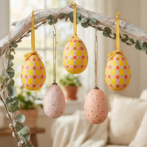 Easter Egg Hanging Decorations Set of 5 – Handmade Paper Mache Pastel Eggs with Ribbon, Easter Tree Ornaments for Spring Home Decor, Wreath, Table Centrepiece & Easter Decorations