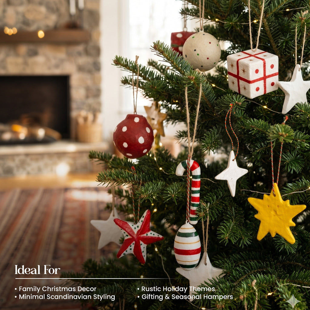 Complete handmade paper mache Christmas ornament set hanging on tree in cosy UK living room with fireplace