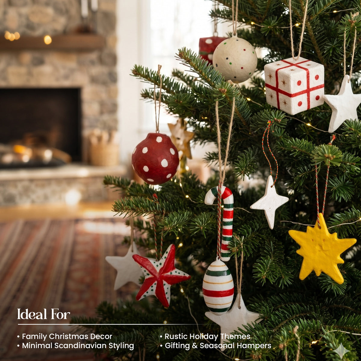 Complete handmade paper mache Christmas ornament set hanging on tree in cosy UK living room with fireplace