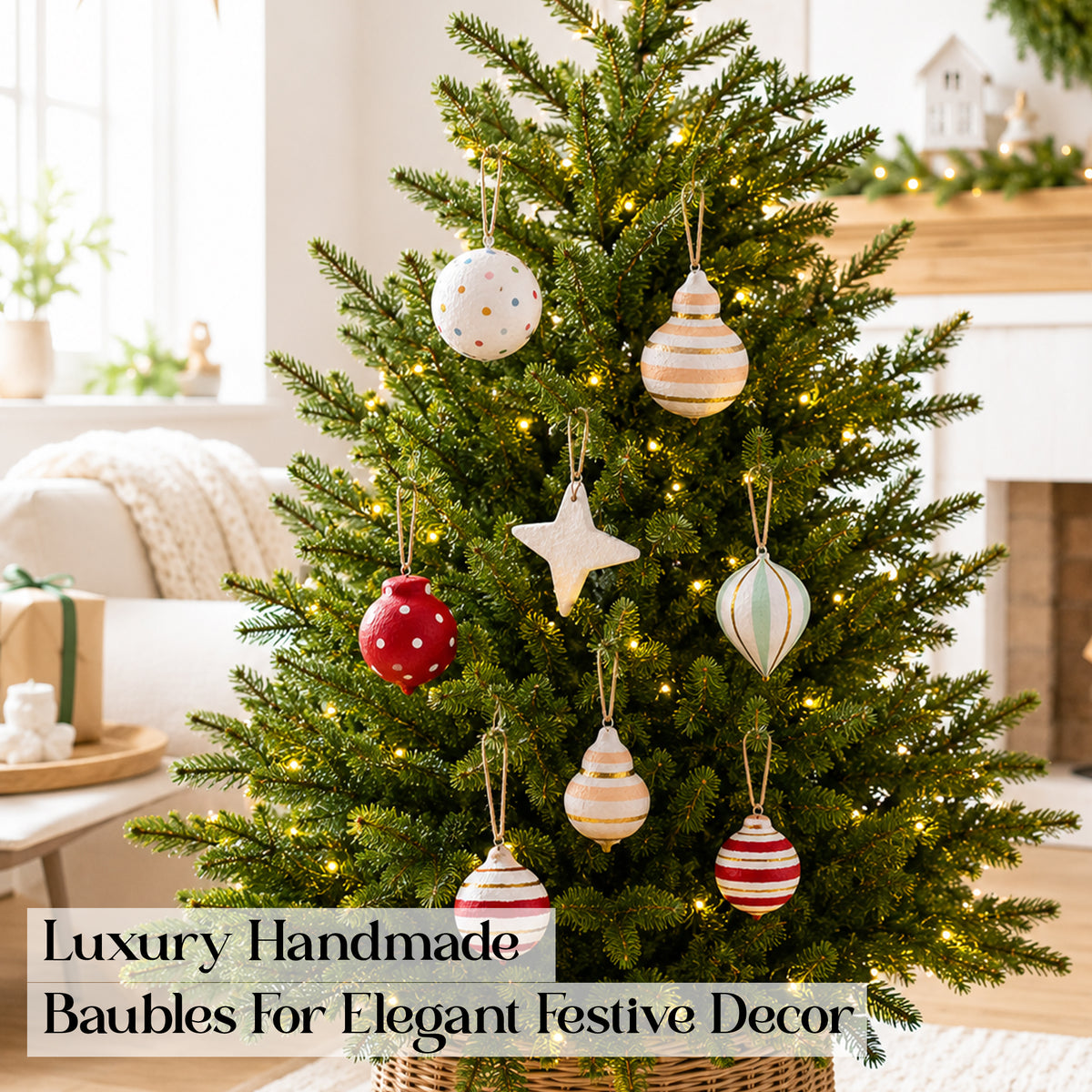 Colourful handmade Christmas baubles hanging on a festive tree with warm lights