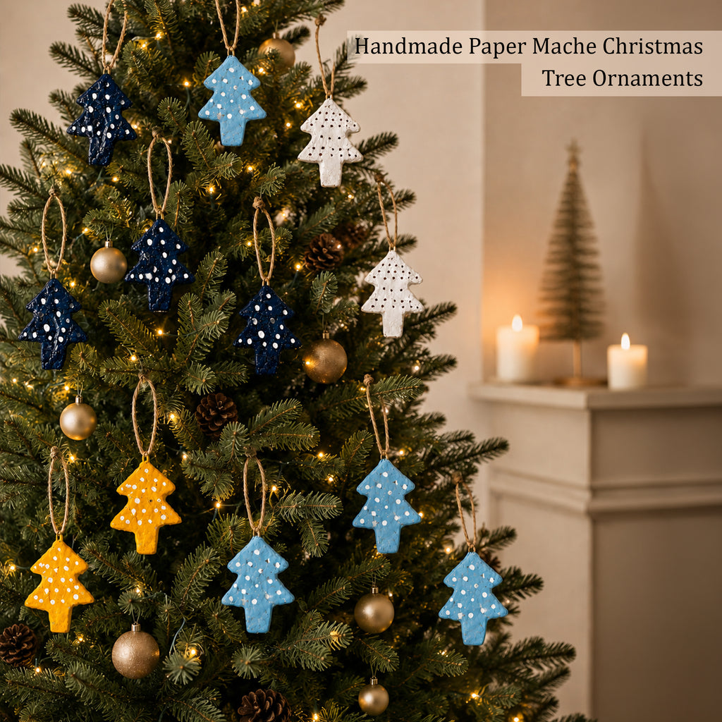 Handmade Paper Mache Christmas Tree Ornaments Set of 12 | Colorful
