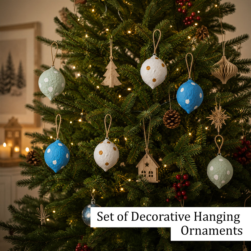 Handmade decorative hanging ornaments styled on Christmas tree