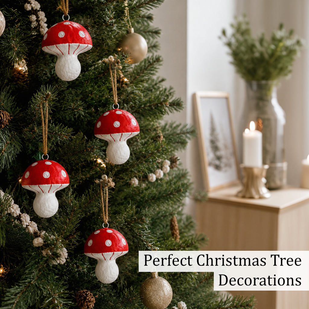 Handmade Paper Mâché Mushroom Christmas Ornaments – Set of 4