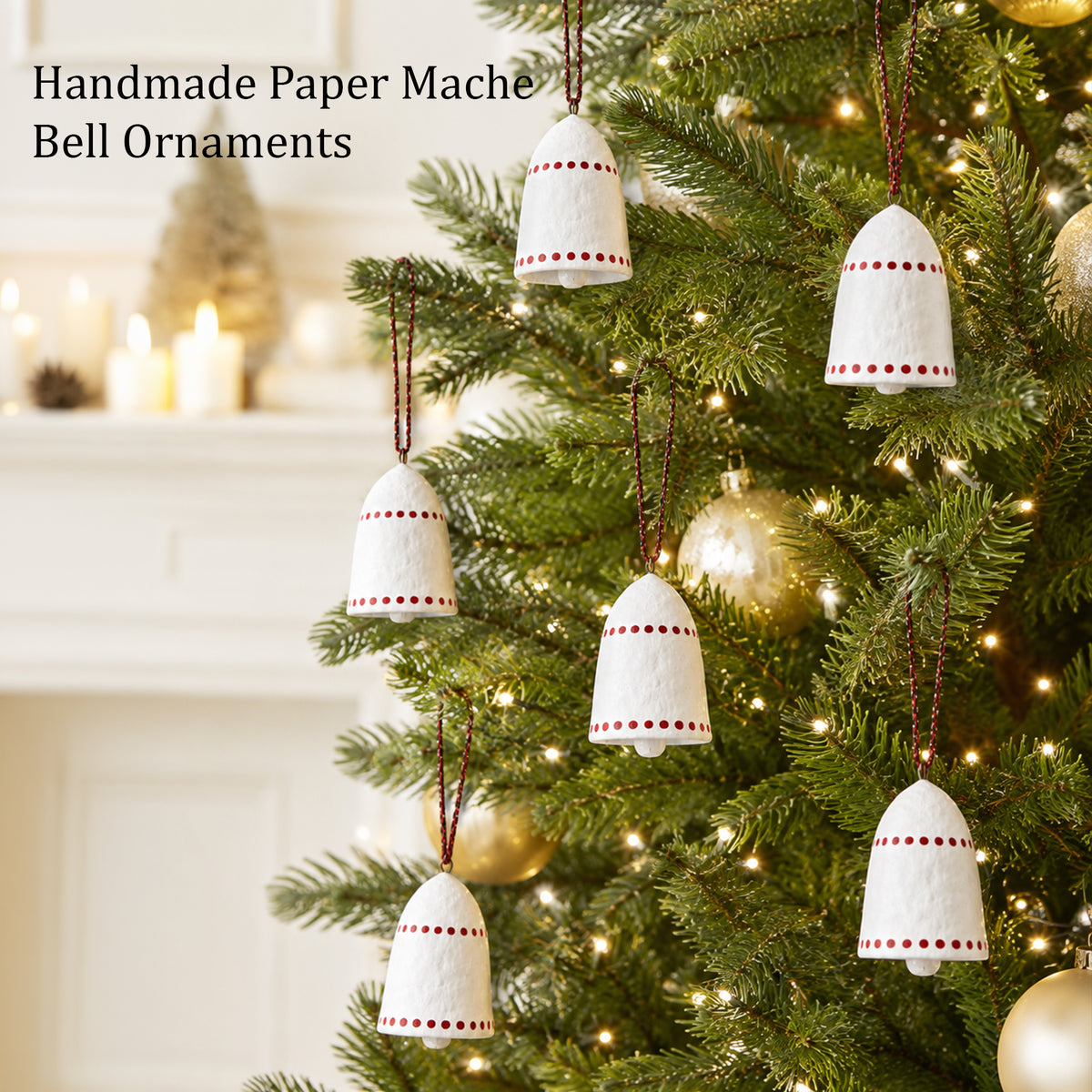 Handmade Paper Mâché Christmas Bell Ornaments – Set of 6