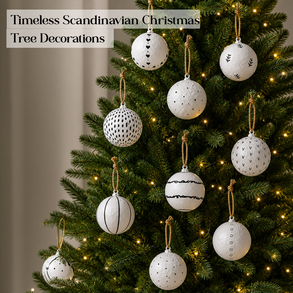 Minimal black and white Christmas baubles hanging on a festive tree