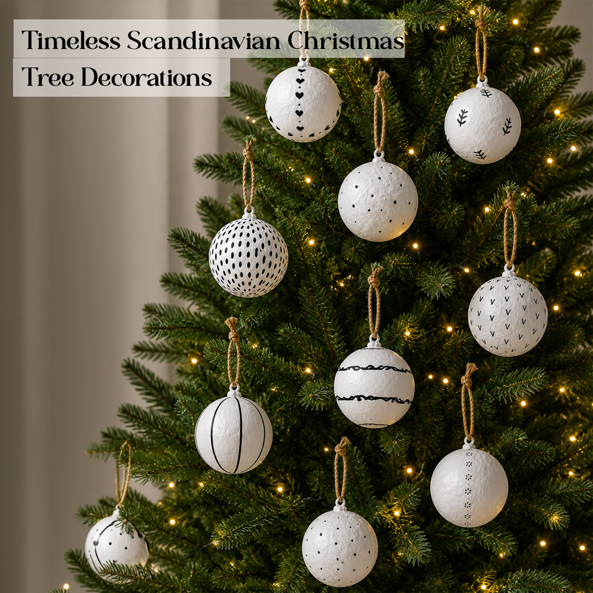 Minimal black and white Christmas baubles hanging on a festive tree