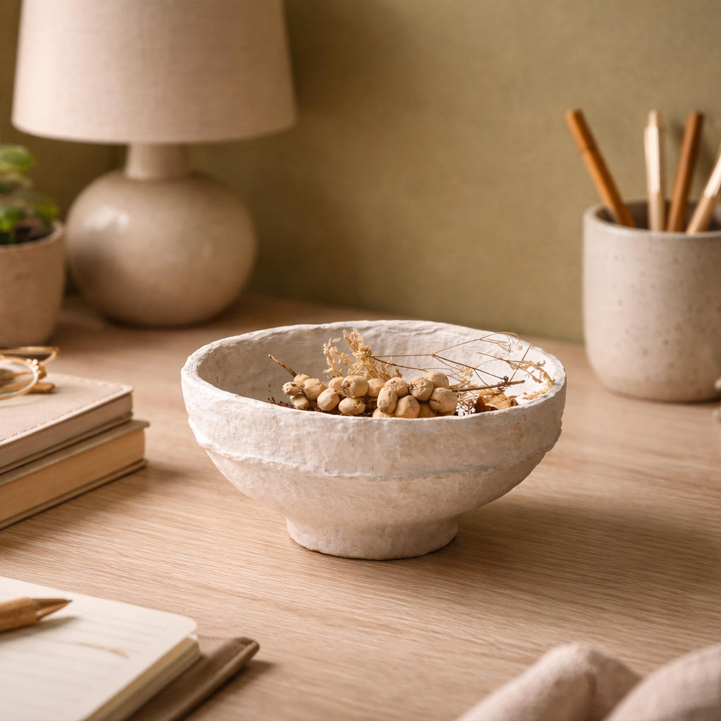 Aala Set of 3 Handmade Paper Mache Decorative Bowls – Rustic Neutral Potpourri Bowls for Coffee Table, Boho Home Decor Display Bowls Set, Natural Textured Tabletop Centrepiece