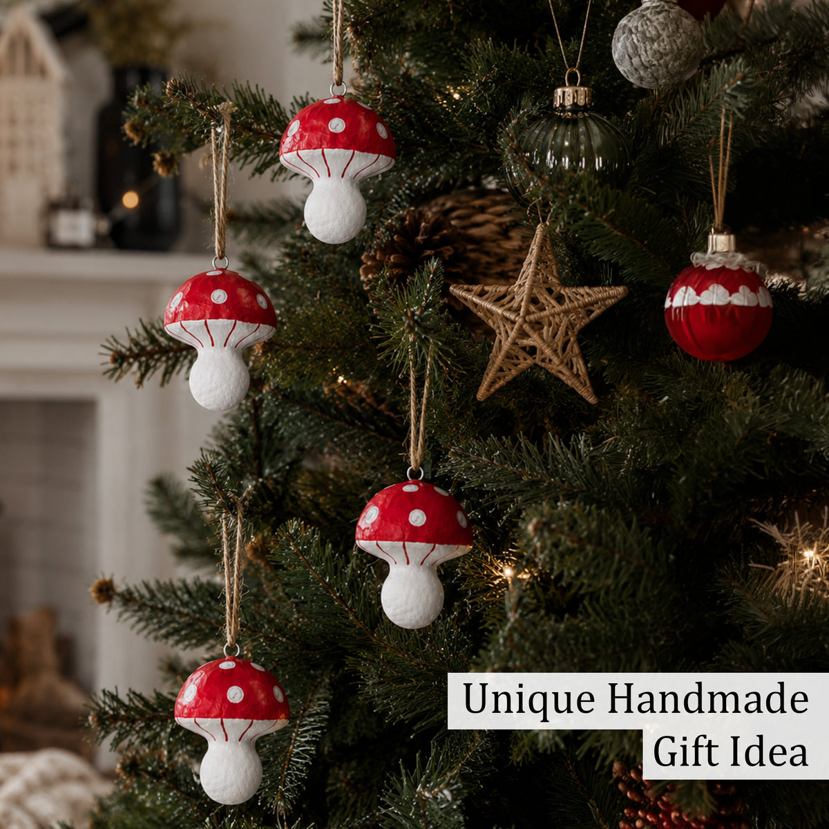 Handmade Paper Mâché Mushroom Christmas Ornaments – Set of 4
