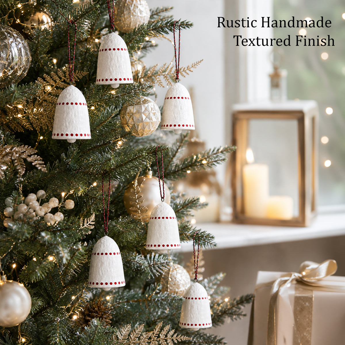 Handmade Paper Mâché Christmas Bell Ornaments – Set of 6