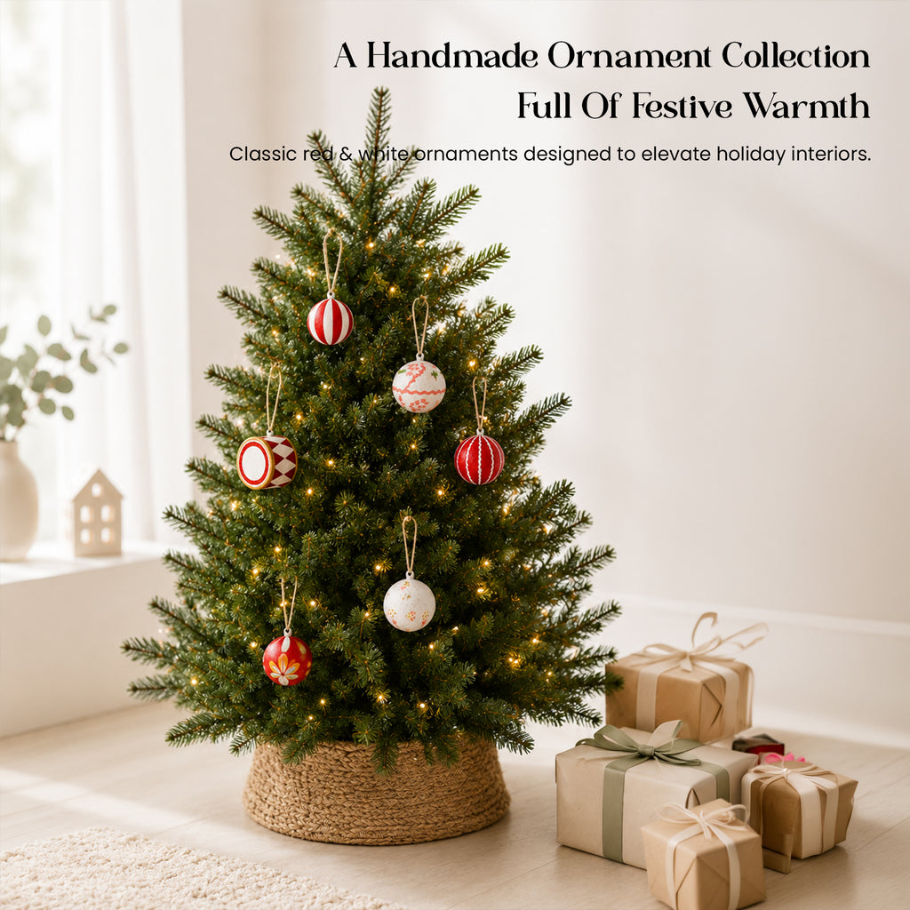 Set of 6 hand painted Christmas ornaments on small decorated tree – red and white papier mâché baubles gift set, festive home decor UK