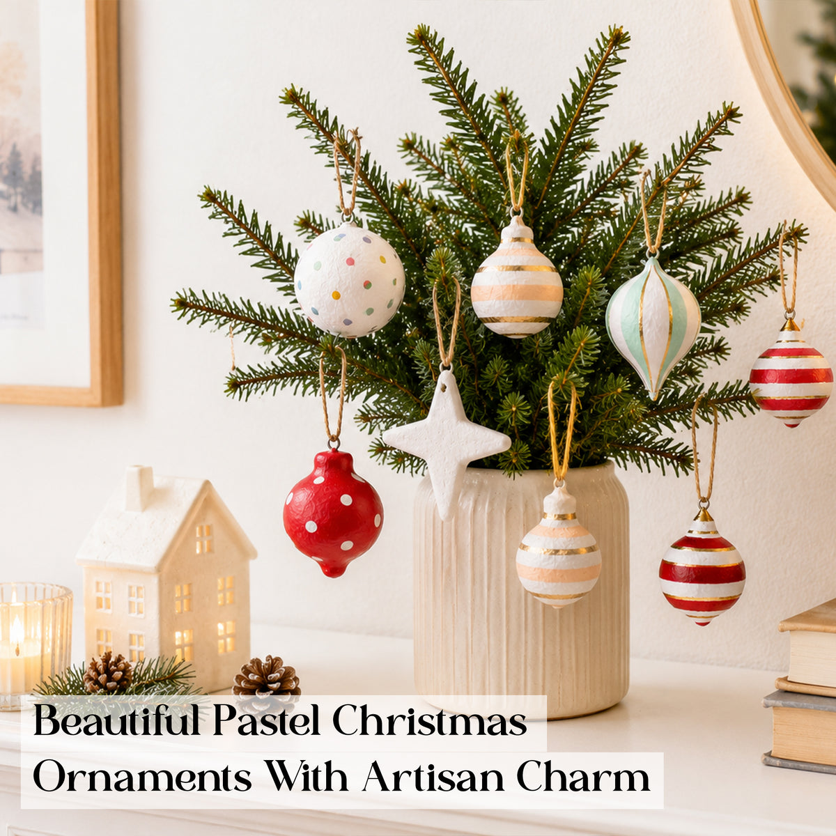 Pastel paper mache Christmas ornaments styled on a small decorative tree
