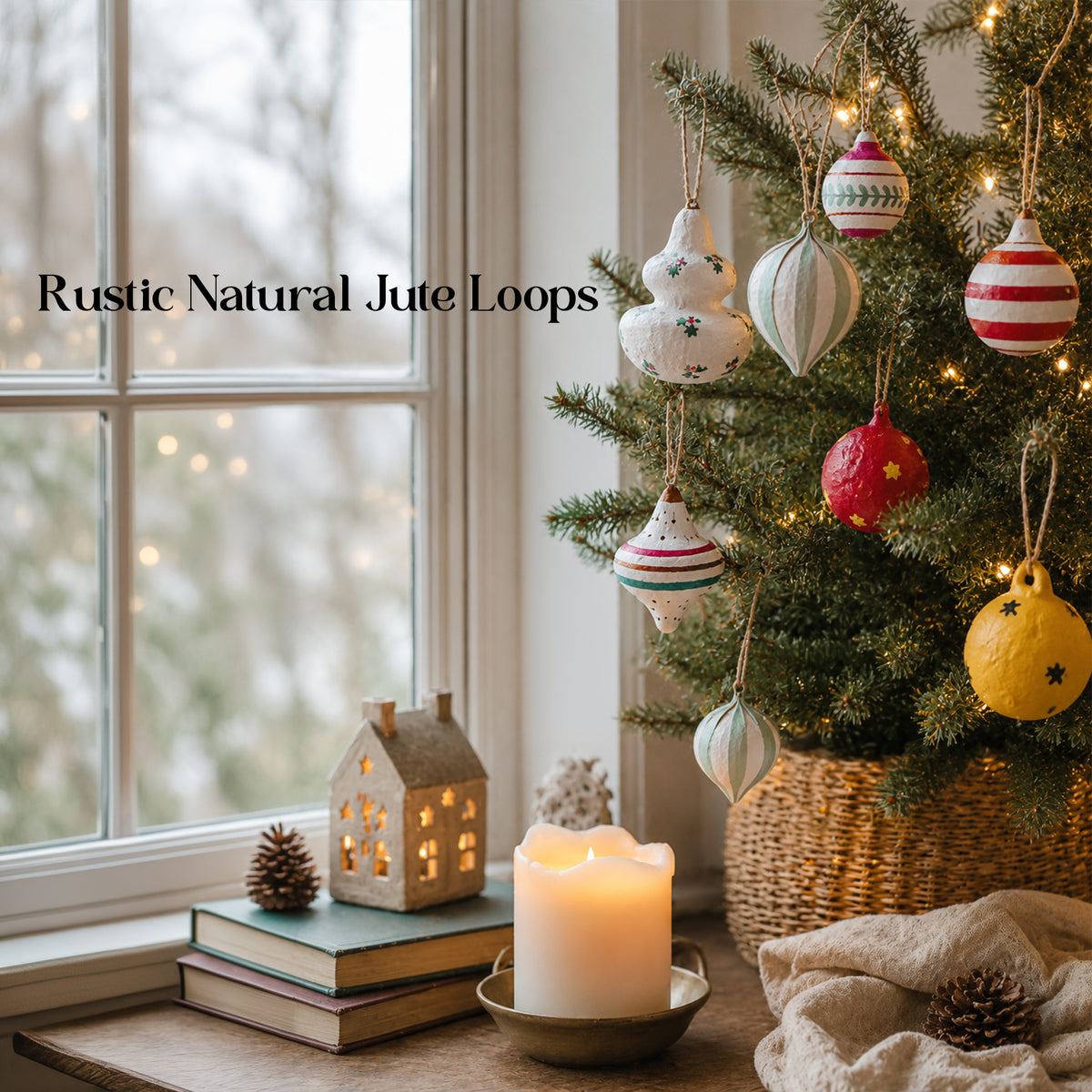 Festive handcrafted ornaments with natural jute loops styled beside a Christmas tree
