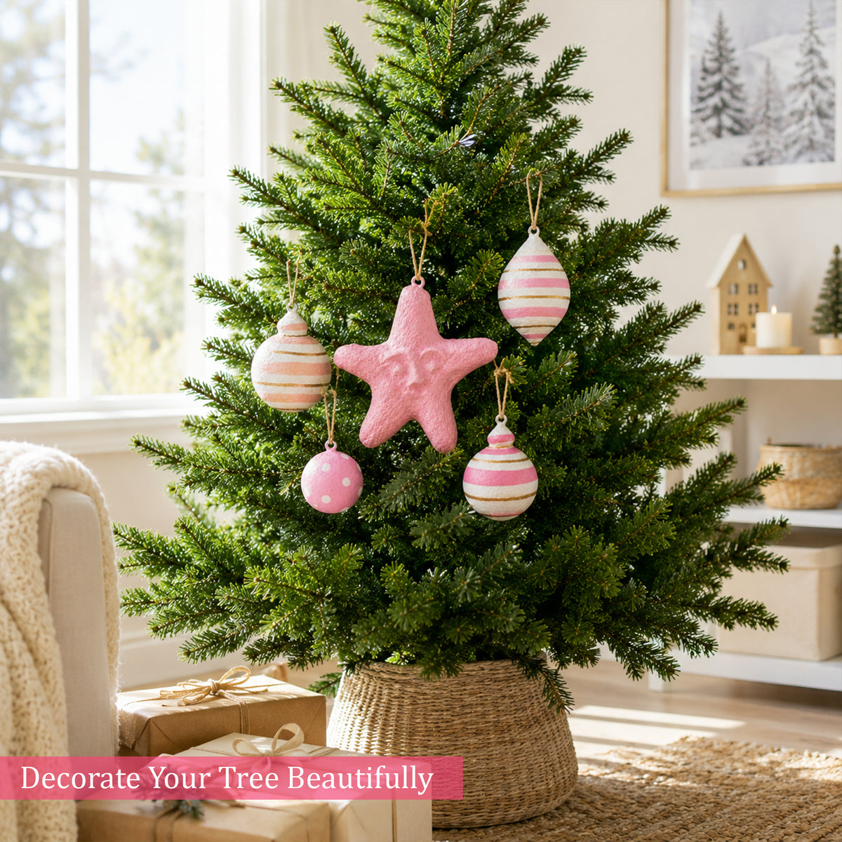 Whimsical pink Christmas decorations for tree styling