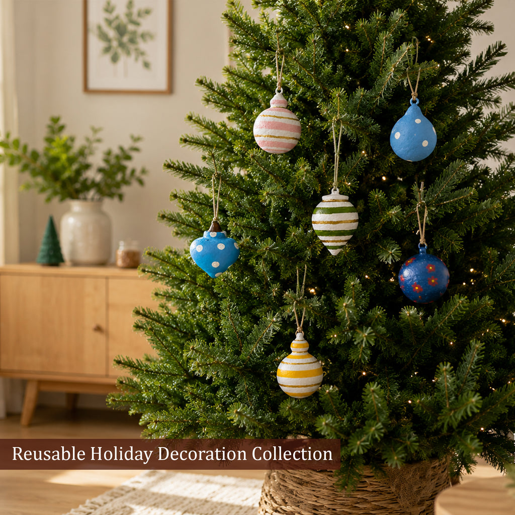 Reusable handmade holiday ornament collection on Christmas tree